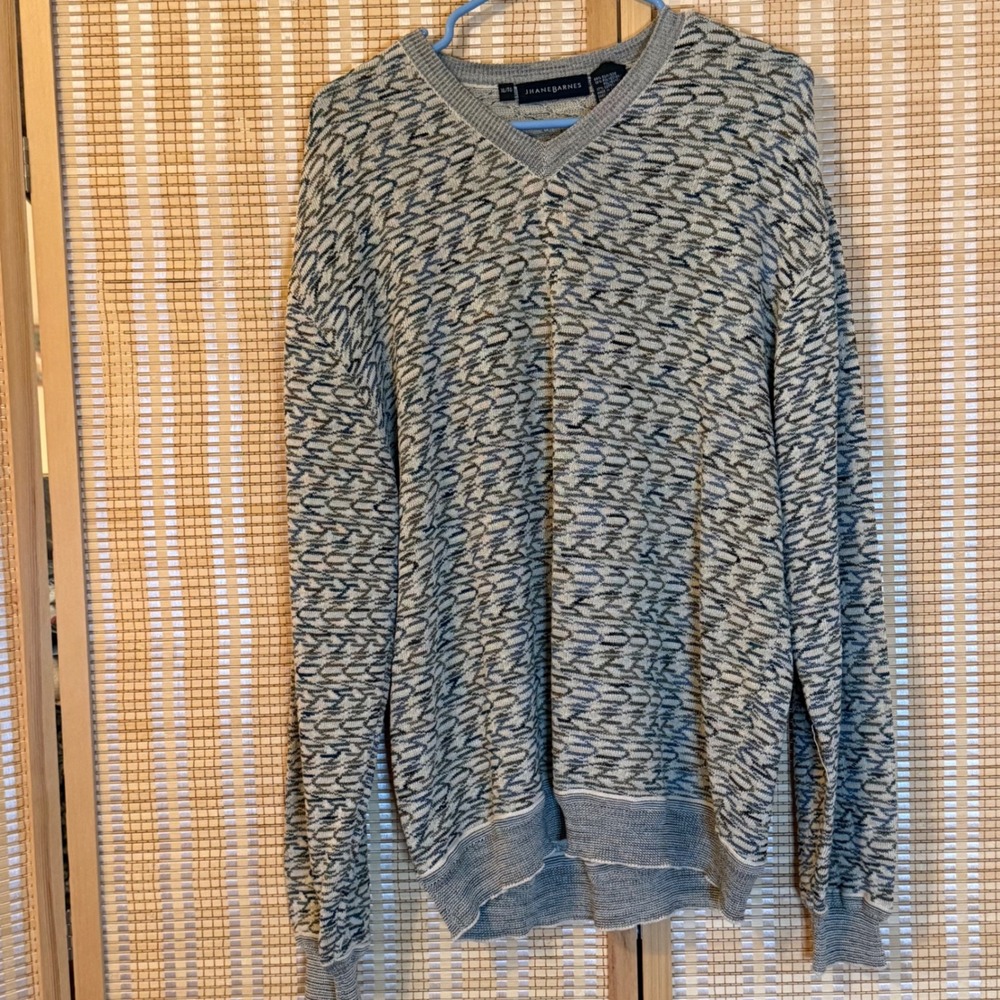 Jhane Barnes Mens XL Silk Blend V-Neck Sweater Grey Blue Textured Knit Pullover